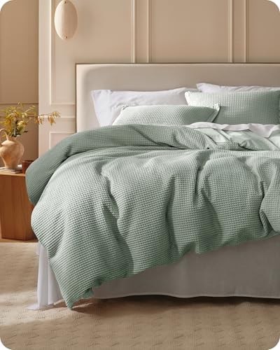 Bedsure Cotton Duvet Cover Queen - 100% Cotton Waffle Weave Sage Green Duvet Cover Queen Size, PureWoven Breathable Bedding Set for All Season, 3 Pieces, 90"x90" by Unknown