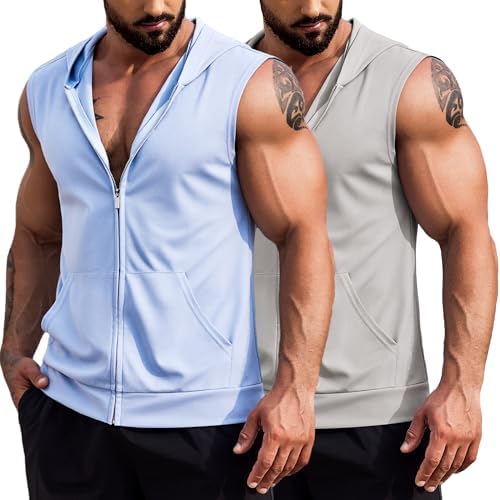 COOFANDY Men's Workout Hooded Tank Tops 2 Pack Zip Up Sleeveless Gym Shirts Muscle Cut Off T Shirt Bodybuilding Hoodies by COOFANDY
