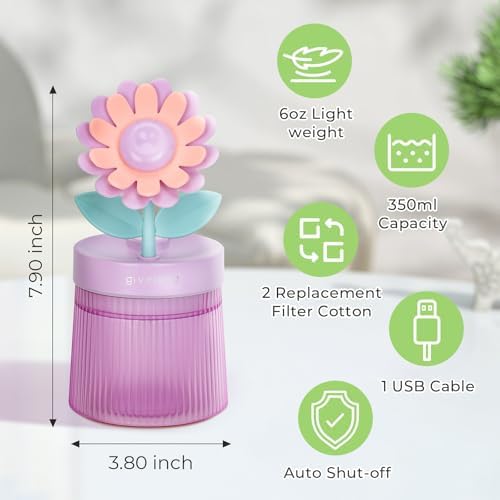 Cute Flower Mini Humidifier, Small Cool Mist Desk Humidifiers, Portable USB Personal Desktop Plant Humidifiers, Cooling for Home Office Car Travel Indoor Outdoor (260ml, Purple Sunflower) - Image 4