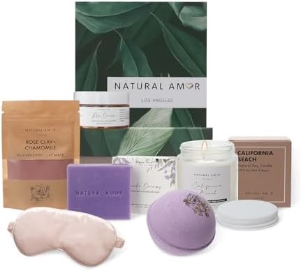Natural Amor Handmade Bath Body Gift Set,6 pcs Self Care Gift for Women,Includes Soap Bar, Bath Bomb, Clay Mask, Candle- Thank you Gift for Pampering by NATURALAMORLOSANGELES