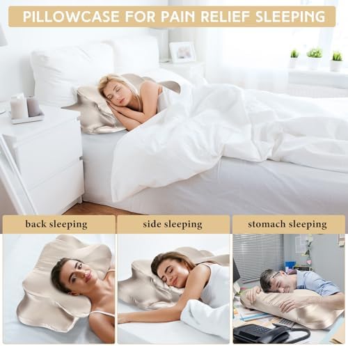 Hahafelt Cervical Neck Pillowcase (Only Pillowcase) Satin Pillow Cover with Zipper Ergonomic Contour Pillow Cover for Side Back Stomach Sleepers(Champagne,Queen Size) - Image 3