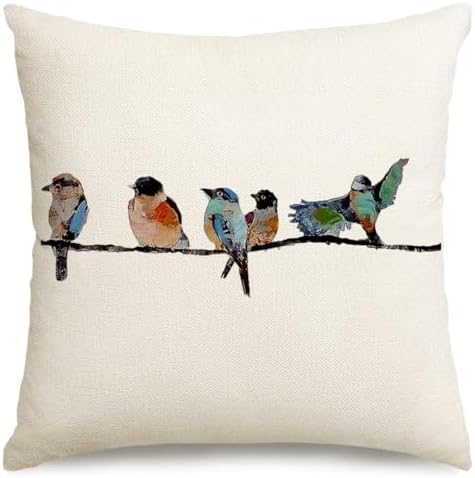 RABUSOFA 18x18 Outdoor Birds Pillow Decorative Throw Pillows,Small Throw Pillows for Couch,Hand-Painted Pillowcases Spring Summer Decorations Cushion Covers Cotton Linen for Sofa Teal Blue by RABUSOFA