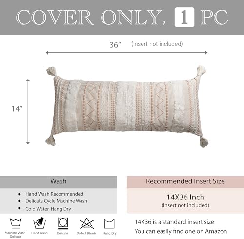 BlissBlush 14x36 Lumbar Pillow Cover for Bed, Rectangular Long Decorative Throw Pillowcase, Boho Accent Cushion with Tufted Pattern and Tassels, Cream Beige Neutral (Cover Only) - Image 4