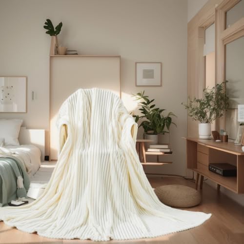 Richave Cuddly Blanket,Premium Lightweight Anti-Static Fluffy Fleece Travel Throw, Blanket with Striped Pattern, 50x60 Inches, Cream by RICHAVE