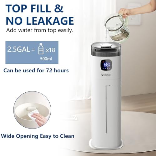 Akeshan Large Humidifier for Bedroom, 9L/2.5Gal Ultrasonic Cool Mist, Top Fill Easy Clean with 350ML/H Large Mist Speed, Quiet, Suitable for Kids Room Plant Yoga Office Study Living Room - Image 4