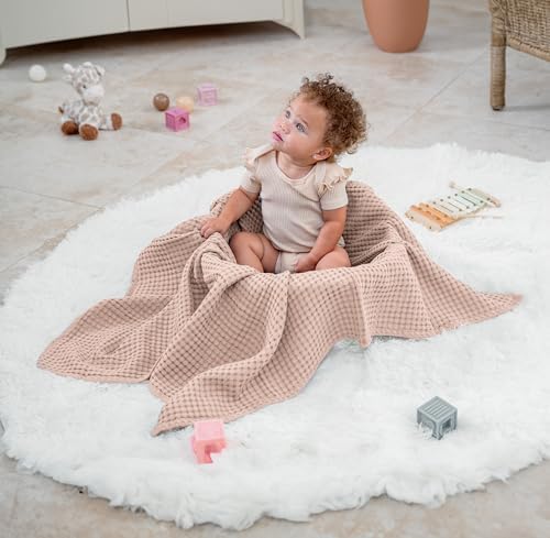 Comfy Cubs Waffle Weave Baby Blanket - 40” x 40” Cotton Blanket with Textured Design - Lightweight Swaddle for Bed, Crib, Stroller, or Couch - Soft and Cozy Cover for Toddlers, Boys & Girls - Blush - Image 6