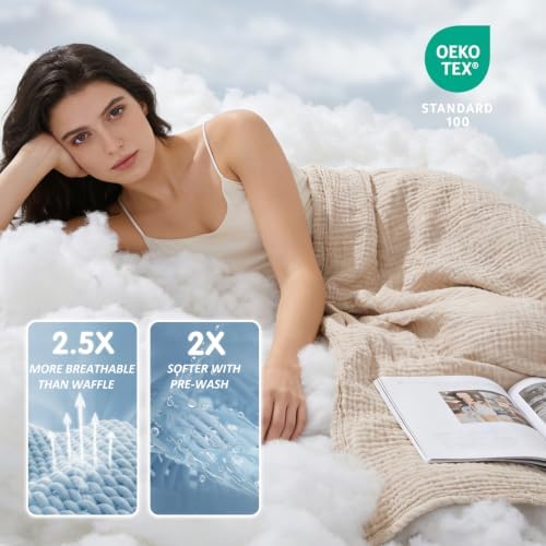 EMME Cotton Muslin Throw Blanket Couch Breathable Gauze Soft Lightweight Bed Blankets Adults (Heather Beige, 50"x60") - Image 3