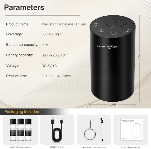 Waterless Essential Oil Diffuser Starter Kit - No Water Needed, Battery Operated Mini Scent Air Machine, Included 3x20ML Essential Oils, Portable Aromatherapy Diffuser for Home & Car, Black, 2Pack - Image 7