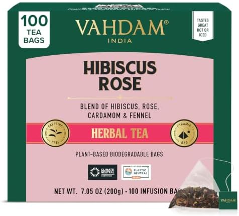 VAHDAM, Hibiscus Rose Tea Bags - 100% Whole Hibiscus Flowers Herbal Tea Bags (100 Count) With Rose, Chamomile & Exotic Spices | Caffeine Free, Floral Flavor Tisane | Resealable Ziplock Pouch by Unknown