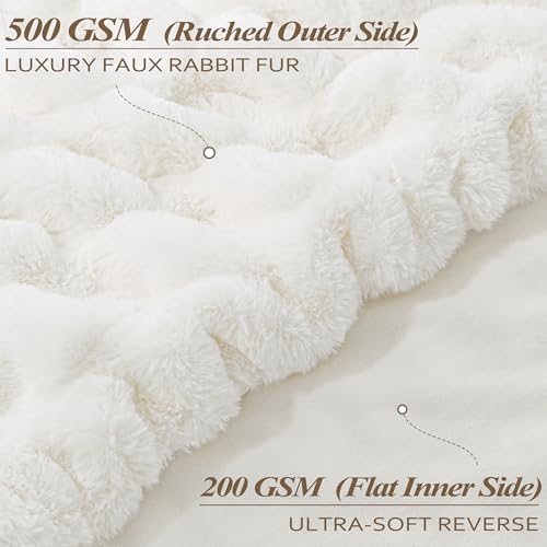 Touchat Ruched Rabbit Faux Fur Blanket Twin,Fluffy Soft Blanket,Cream White - Image 2