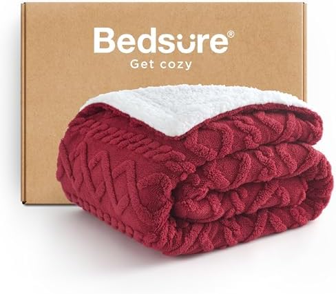 Bedsure Sherpa Fleece Blanket, Cable Jacquard Tufted, Warm, Red, Twin by BEDSURE