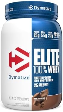 Dymatize Elite 100% Whey Protein Powder, Chocolate, 25g of Protein, 5.5g BCAAs, Less Than 140 Cal., Gluten Free, 3g Carb, 2g Sugar, 3g Fat (25 Servings) by DymatizeNutrition