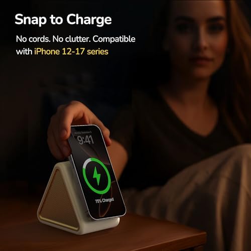 Housbay Sound Machine with Magnetic Wireless Charger for iPhone, 2-in-1 Design for Clutter-Free Nightstand, Dual-Speaker Stereo Sound for Sleeping - Cream - Image 4