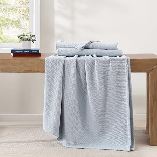 Tommy Hilfiger - Queen Cotton Blanket, Textured Pique Weave Bedding, Medium Weight Soft Blanket, Anti-Pilling & Fade Resistant, Ideal for Layering, Oeko-TEX Certified (Blue) - Image 4