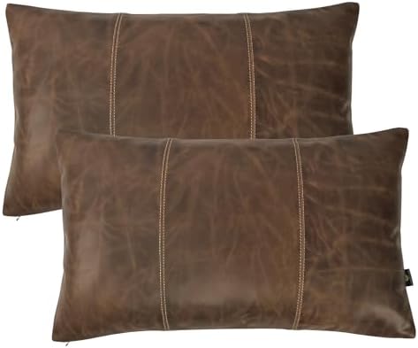 LL LEATHER LOVERS 100% Lambskin Leather Pillow Cover 12x20 Inch – Hand-Stitched Cushion Case with Hidden Zipper, Decorative Throw Cover for Sofa, Bed and Living Room - Chiku Brown Panel Pack of 2 by LLLEATHERLOVERS