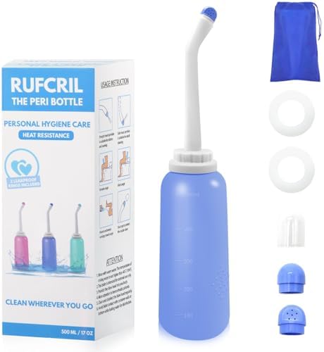 Peri Bottle Postpartum, RUFCRIL 500ml Bidet Bottle, Upside Down Peri Bottle, Boilable TPE, Travel Bag, for Perineal Care, Hemorrhoid Care, Feminine Cleansing & Baby (Blue) by RUFCRIL