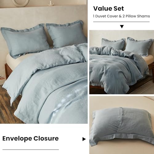 Simple&Opulence 100% Linen Duvet Cover Set with Crossed Embroidery Washed - 3 Pieces (1 Duvet Cover with 2 Pillow Shams) Soft Breathable Farmhouse - Dusty Blue, King Size - Image 5