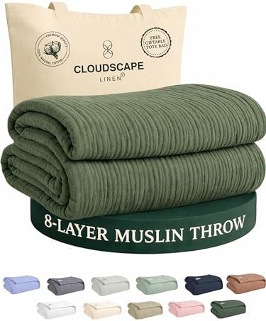 CLOUDSCAPE 8 Layer 100% Cotton Muslin Throw for Sofa 50"x70" - Olive Green by CloudScapeLinen