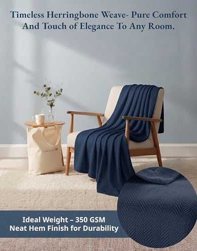 LANE LINEN 100% Cotton Blankets King Size, Textured Herringbone Weave - Image 3
