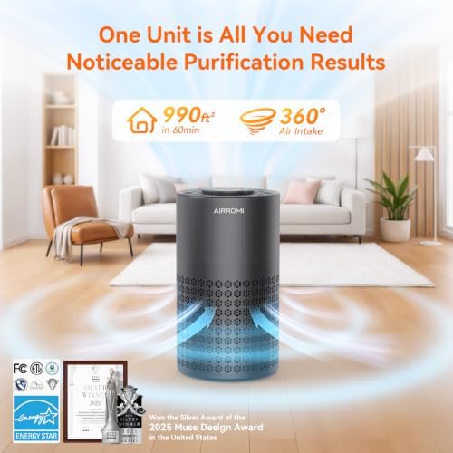 AIRROMI Air Purifier for Bedroom with HEPA 3-in-1 Filter, Pet Air Purifier for Home Cat Pee Smell, Covers Upto 990 Ft², Quiet 360°intake Air Cleaner for pet hair,allergies,Dust,Smoke A2001 Black - Image 2