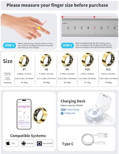 Smart Ring for Women Men Fitness Tracker Heart Rate Sleep Trends 128 Sports Modes Gesture Control Cycle Tracking IP68 Waterproof No Subscription Compatible with iPhone Android (Gold, Size 9) - Image 2