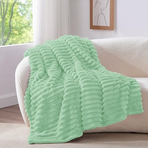 BEDELITE Ribbed Fleece Throw Blanket for Couch, Light Green, 50"x60" - Image 2