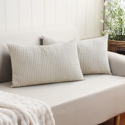 100% Egyptian Cotton 600 TC Waffle Weave Lumbar Pillow Covers 2 Pack by ZaizaiHome