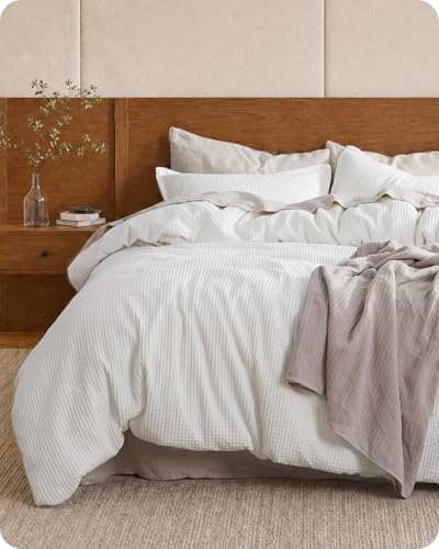 Bedsure PureWoven 3 Pieces 100% Cotton Waffle Duvet Cover Set, Queen, White by Unknown