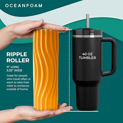 Oceanfoam Ripple Travel Foam Roller (11" x 3.35") Firm Mini Foam Roller for Physical Therapy, Deep Tissue Massage, Back Pain - High Density, Ergonomic Wave Textured - Yoga, Pilates, Exercise (Gold) - Image 2