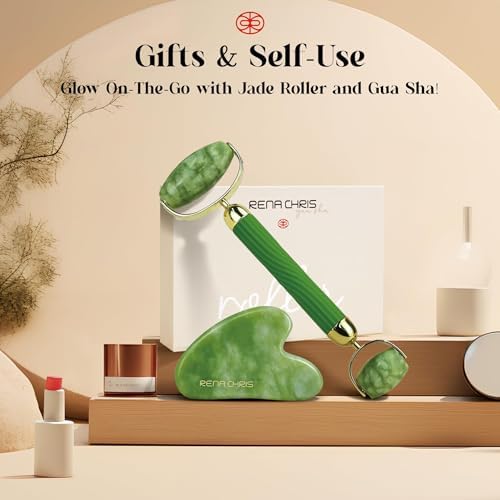 Rena Chris Gua Sha and Face Roller Set: Anti-Breakage Jade Roller for Long-Lasting Use, Jawline Sculpting and Puffiness Reducing, Gua Sha Facial Tools for Self Care Gift (Green) - Image 6