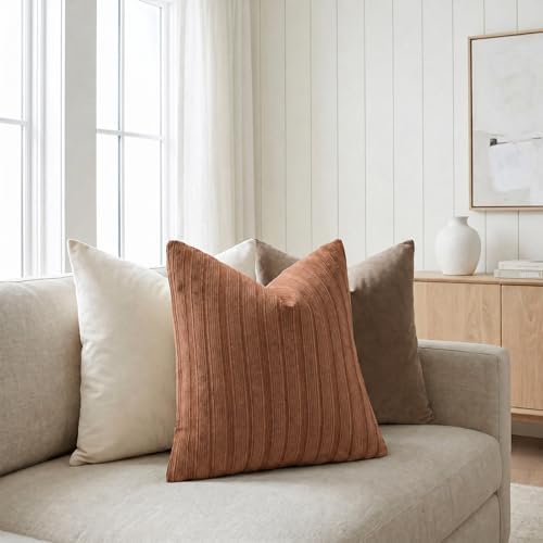DEZENE 24x24 Rust Red Throw Pillow Covers Pack of 2 Soft Striped Corduroy Square Fall Christmas Pillow Cases for Couch Sofa Bedroom Living Room Home Decor - Image 4