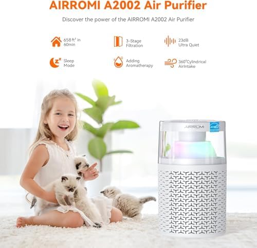 AIRROMI Air Purifiers for Bedroom Home,Up to 658 Ft²,Activated Carbon Filter Cleaner,With Fragrance Sponge for Better Sleep,Night Light,Pet Dander,Allergies,Smoke,Odor,Desktop Air Cleaner A2002 White - Image 2