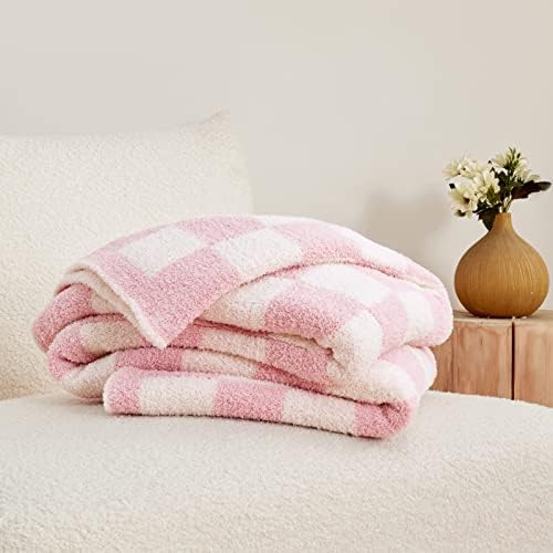 CozeCube Pink White Reversible Checkered Knit Throw Blanket 60"x80" - Image 7