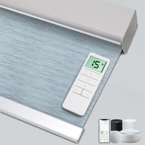 Motorized 100% Blackout Roller Shades – Custom Smart Blinds with Remote Control, Rechargeable Battery or Plug-in Motor, Tuya WiFi Optional, Home & Office Automatic Window Shades (Ash Blue/CH94210) by Chshn