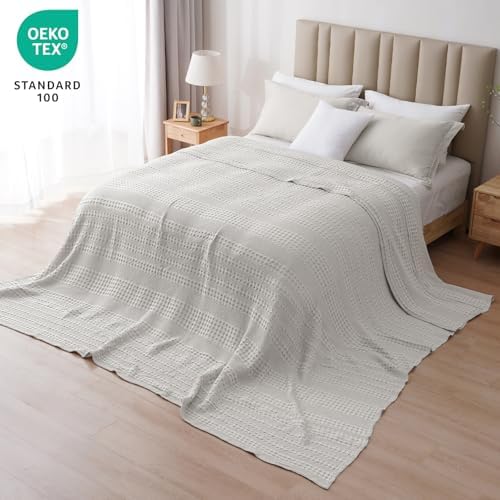 PHF Lightweight 100% Cotton Waffle Blanket, Oversized King, Light Grey - Image 5