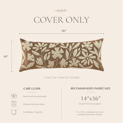 BlissBlush 14x36 Lumbar Pillow Cover for Bed, Brown Rectangular Long Throw Pillowcase, Embroidered Velvet Floral Tufted Farmhouse Accent Cushion (Cover Only) - Image 6