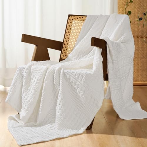 PHF Lightweight 100% Cotton Waffle Throw Blanket for Couch, White by PHF