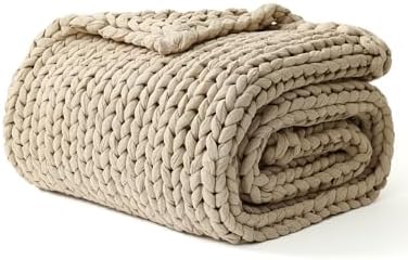 YnM Cotton Weighted Blanket, Handmade Chunky Knitted Design, Soft and Cozy, Temperature Regulating and Breathable, Machine Washable Throw for Sleep or Home Decor (Beige, 60x80 Inch, 25lbs) by YNM