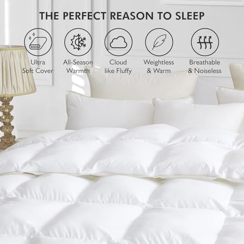 Luxurious White Solid Medium Weight, Super King Size Goose Feathers Down Comforter for All-Season, 120 X 120 inches, Premium Baffle Box, 100% Egyptian Cotton Cover, 85 oz. Fill Weight - Image 5