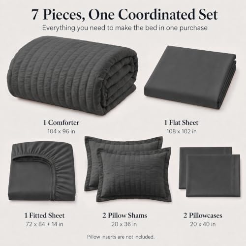 CozyLux California King Comforter Set, Dark Grey Seersucker Bed in a Bag - Image 2