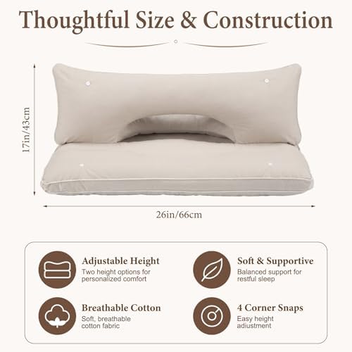 Yookeer 2 in 1 Cervical Neck Pillow for Sleeping 26 x 17 Inch Adjustable Gray Cotton Ergonomic Pillow with Snap Buttons Neck Support Supplies Ear Pressure Relief for Side Back Stomach Sleeper - Image 2