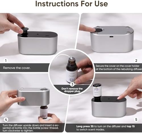 Lecdura Waterless Diffuser for Essential Oil, Battery Operated Scent Air Aromatherapy Diffuser, Mini Aroma Diffusers with 3 Intermittent Mist Modes, Cycle Start for Home Office Bedroom - Silver - Image 7