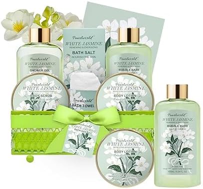 Bath Gift Baskets for Women, 9pc Jasmine Spa Gifts Set for Women, Self Care & Body Relaxing, Birthday Gift Basket, Mother's Day Gifts, Christmas, Anniversary Bath Gift Set by PEARLWORLD