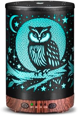 Essential Oil Diffuser 120ML Metal Aromatherapy Diffuser with Timer, Cool Mist Humidifier with Auto Shut-Off & 7 Color Lights for Home Office Spa (Owl) by JOYOLO