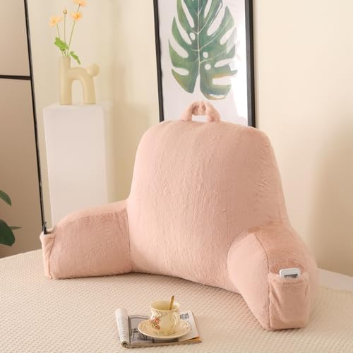 Large Plush Backrest Pillow for Sitting in Bed,Faux Fur,Pink by PAJEO