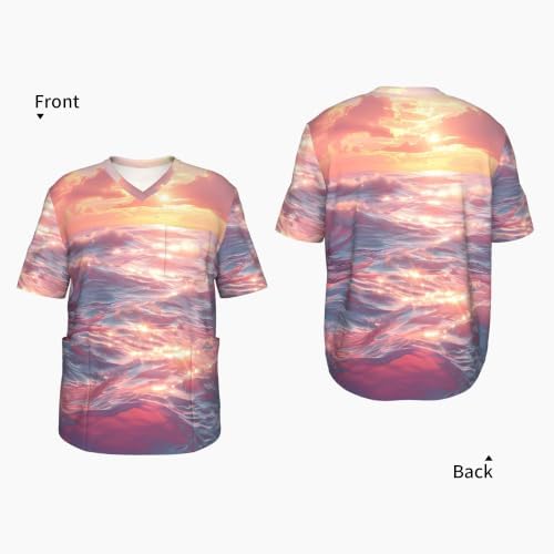 Men's Scrub Top,V-Neck Spill Wrinkle Resistant,3 Pockets-Ocean Waves At Sunset - Image 4
