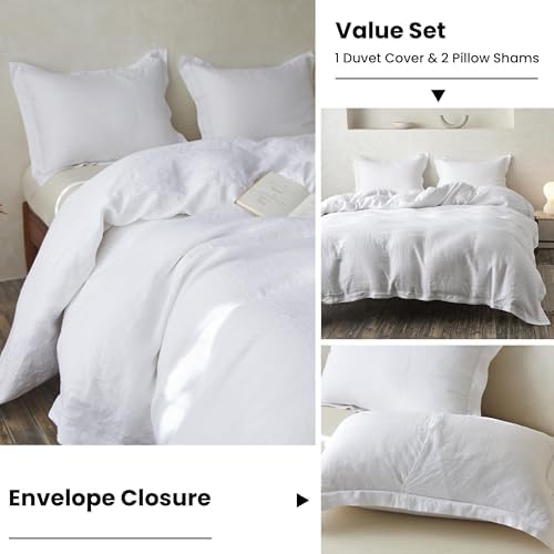 Simple&Opulence 100% Linen Duvet Cover Set with Crossed Embroidery Washed - 3 Pieces (1 Duvet Cover with 2 Pillow Shams) Soft Breathable Farmhouse - White, Queen Size - Image 5