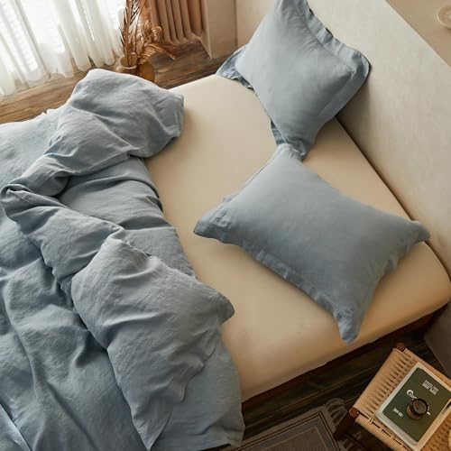Simple&Opulence 100% Linen Duvet Cover Set with Crossed Embroidery Washed - 3 Pieces (1 Duvet Cover with 2 Pillow Shams) Soft Breathable Farmhouse - Dusty Blue, King Size - Image 6