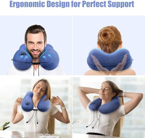 Inflatable Travel Neck Pillow for Airplanes, Super Soft Velvet Neck Support, Adjustable Firmness, Blow Up Plane Pillow for Long Flights, Road Trips, Travel Essentials with Eye Mask, Earplug - Image 2
