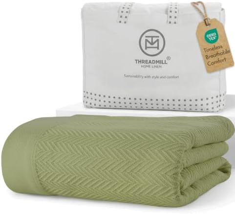 Threadmill Luxury 100% Cotton King Herringbone Blanket, Moss Green by ThreadmillHomeLinen